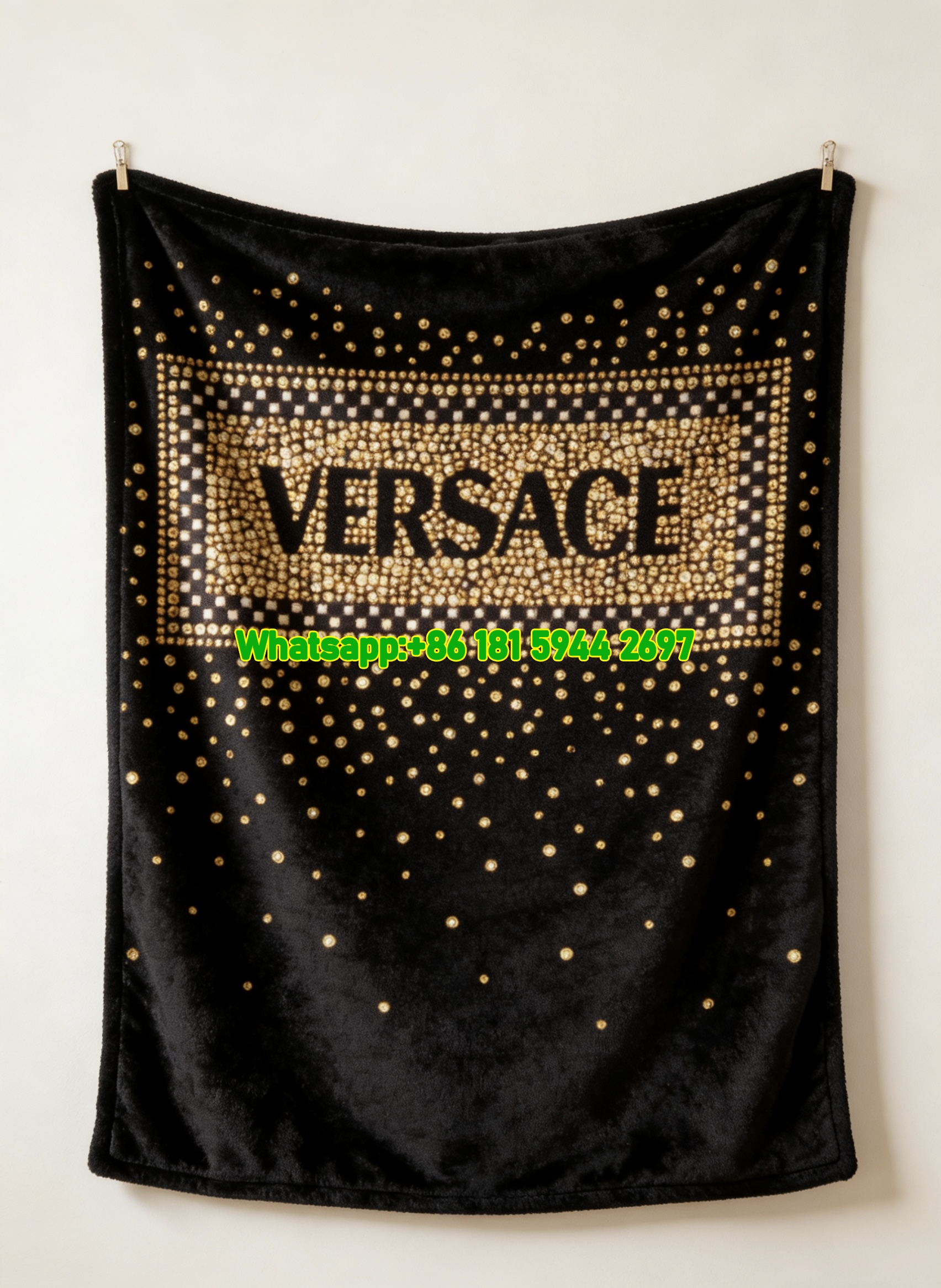 Versace Black Gold Studded Logo Printed Flannel Throw Blanket IMG_1259